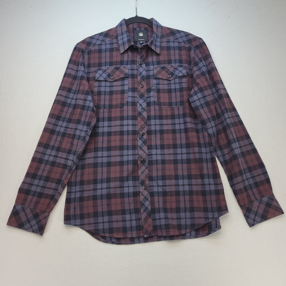 G-Star Raw Button Up Shirt Mens Medium Burgundy Navy Plaid Long Sleeve Flannel